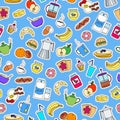 Seamless illustration on Breakfast and food theme, simple color patch icons on blue background Royalty Free Stock Photo