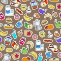 Seamless illustration on Breakfast and food theme, simple color patch icons on brown background Royalty Free Stock Photo