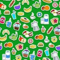 Seamless illustration  on Breakfast and food theme, simple color sticker icons on a green background Royalty Free Stock Photo
