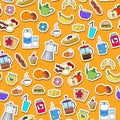 Seamless illustration on Breakfast and food theme, simple color sticker icons on an orange background