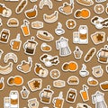 Seamless illustration on Breakfast and food theme, simple sticker icons on a brown background, sepia Royalty Free Stock Photo