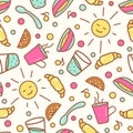 Seamless pattern with breakfast items.