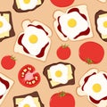 Seamless pattern for breakfast sandwich and fried egg with tomato