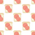 Seamless pattern, breakfast sandwiches, toast with avacado and sausage, vector. For wrapping paper, fabric, background