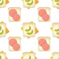 Seamless pattern, breakfast sandwiches, toast with avacado and sausage, vector. For wrapping paper, fabric, background