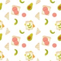 Seamless pattern, breakfast sandwiches, toast with avacado and sausage, vector. For wrapping paper, fabric, background