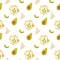 Seamless pattern, breakfast sandwiches, toast with avacado and sausage, vector. For wrapping paper, fabric, background