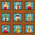 Seamless pattern brick wall with children in windows Royalty Free Stock Photo
