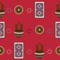 Seamless pattern with bright background. American native indians houseware as navajo pottery and rug, drawn in flat style on red.