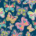 Seamless pattern with bright butterflies on blue background. Vector Illustration.