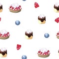 Seamless pattern, bright cakes on a white background. Sweets, pastries and berries with cream. For the design of gifts, cards,