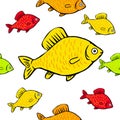 Seamless pattern bright colored fish on a white background