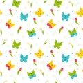 Seamless pattern with bright colorful butterflies and red tulips and daffodils. Bright spring, summer pattern. Simple Royalty Free Stock Photo