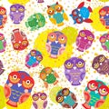 Seamless pattern bright colorful cute owls on white background, funny birds face with winking eye, bright colors. Vector Royalty Free Stock Photo