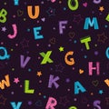 Seamless pattern with bright colorful decorative letters, hearts and stars on the dark background.