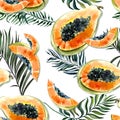 Seamless pattern with bright exotic papaya fruit and palm leaves on white background. Ripe papaya with black seeds cut in half. Royalty Free Stock Photo