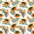 Seamless pattern with bright exotic papaya fruit and palm leaves on white background. Ripe papaya with black seeds cut in half Royalty Free Stock Photo