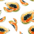 Seamless pattern with bright exotic papaya fruit on white background. Ripe papaya with black seeds cut in half . Royalty Free Stock Photo
