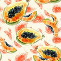 Seamless pattern with bright exotic papaya fruit on white background. Ripe papaya with black seeds cut in half. Royalty Free Stock Photo