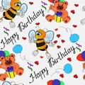seamless pattern, bright funny bees and bears, birthday gifts, design for textiles, wallpapers Royalty Free Stock Photo
