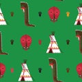 Seamless pattern with bright green background. American native indians housware as tepee, false face mask and war bonnet drawn in