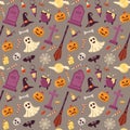 Seamless pattern with bright halloween accessories