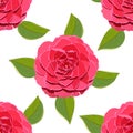 Seamless pattern of bright large Camellia flowers with green leaves on white background