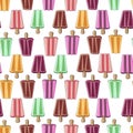 Seamless pattern of bright multi-colored, ice cream on sticks on a white background.