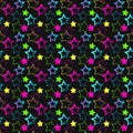 Seamless pattern with bright multi-colored stars on black background