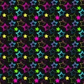 Seamless pattern with bright multi-colored stars on black background