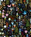 Seamless pattern with bright multicolored decorative flowers and leaves on a black background Royalty Free Stock Photo