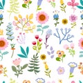 Seamless pattern with bright multicolored decorative flowers and leaves on a vihte background