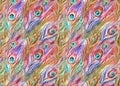 Seamless pattern of bright multicolored peacock feathers, watercolor