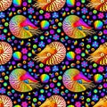 Seamless illustration with bright nautilus, shells and fish, animals on a dark background