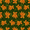 Seamless pattern of bright orange branches and leaves with colored peas on a dark green background. Royalty Free Stock Photo