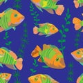 Seamless pattern of bright orange fish and green algae on a dark blue background