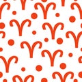 Seamless pattern of bright orange silhouettes of the zodiac sign Aries and circles of different sizes on a white background Royalty Free Stock Photo