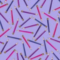 Seamless pattern of bright pencils in pink lilac colors