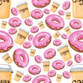 Seamless pattern bright pink donuts, a Cup of coffee