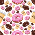 Seamless pattern bright pink doughnuts, coffee Cup, coffee grain, pattern for fabric, print Royalty Free Stock Photo