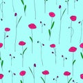Seamless pattern with bright pink flowers. Blue background with stylized doodle roses. Royalty Free Stock Photo
