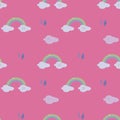 Seamless pattern bright pink fuchsia colorful rainbow weather figure drops rain clouds sky vector gift wrapping fun kids backgroun Royalty Free Stock Photo