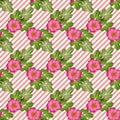 Seamless pattern of bright pink-purple flowers of wild rose and leaves, on a coral-white background with a slanting strip, vector