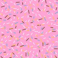 Seamless pattern bright pink tasty vector donuts sprinkles background in cartoon style for menu in cafe and shop. Royalty Free Stock Photo