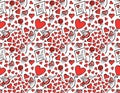 Seamless pattern of bright red hearts, singing birds, roses, balloons, cakes and letters with declarations of love on a white back