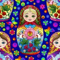 Seamless illustration with bright Russian dolls and butterflies, toys on a blue background