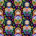 Seamless illustration with bright Russian dolls and butterflies, toys on a dark background