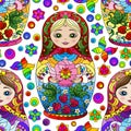 Seamless illustration with bright Russian dolls and butterflies, toys on a white background