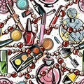 Seamless pattern. Bright scattered decorative cosmetics on a light background. Perfume lipstick shadow brush beads woven