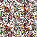 Seamless pattern. Bright scattered decorative cosmetics on a light background. Perfume lipstick shadow brush beads woven